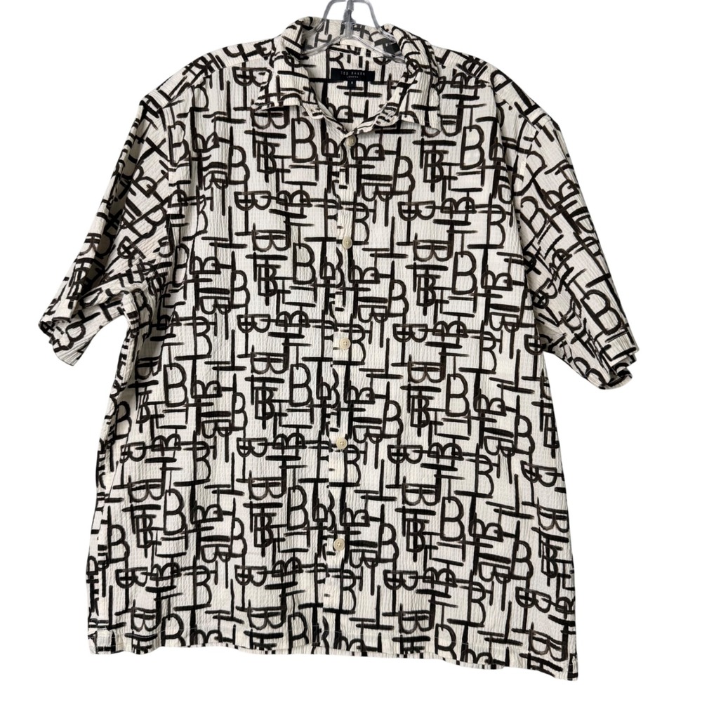Ted Baker Caird Seersucker Geo Printed Shirt Mens‎ XL 5 Cream TB Camp Preppy
